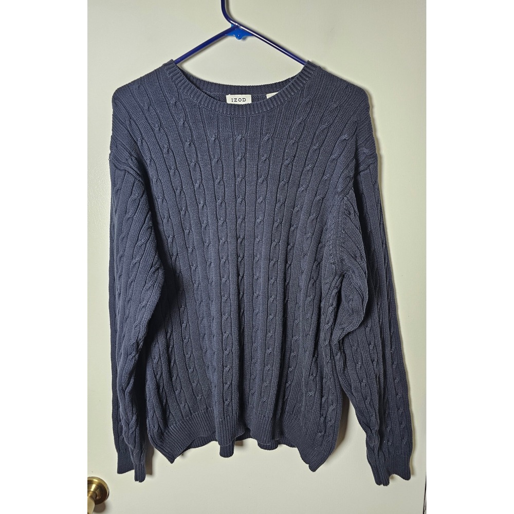 IZOD Mens Navy Blue Cable Knit Cotton Crewneck Sweater Large Pullover